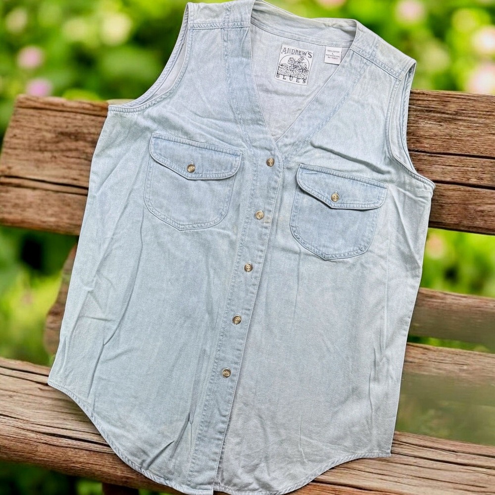 Vintage Andrew's Blues Shirt Women L Light‎ Wash Denim Sleeveless Cowgirl Blouse